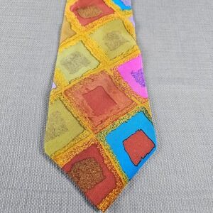 John Henry Mens Silk Crepe Tie Abstract Geometric Multi Color Made in USA